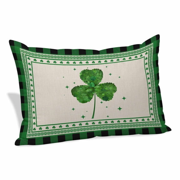 St. Patrick's Day Pillow Covers, Linen Long Throw Pillow Case, Green Shamrock Plaid Beige Spring Holiday Pillow Protector Decorative Cushion Cover for Living Room/Bedroom 12" x 20"