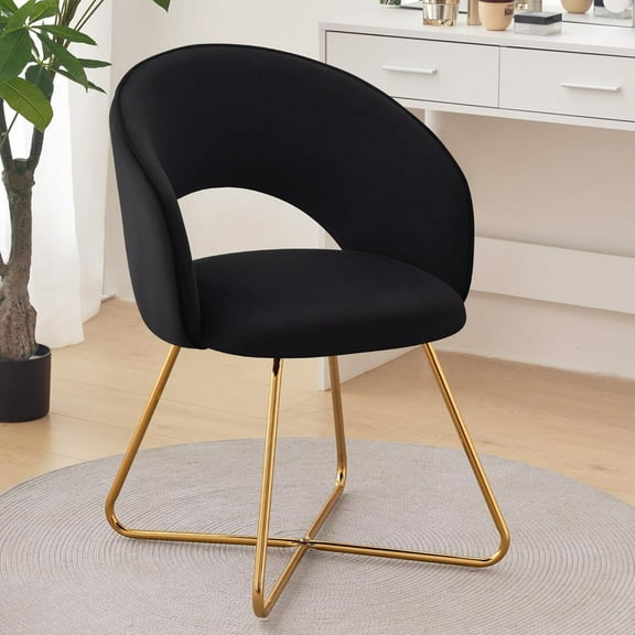 BAIVAKON Velvet Vanity Chair with Curved Back, Upholstered Barrel Desk Chair with Gold Legs, Mid Century Modern Accent Chair for Living Room, Dressing Room, Bedroom, Black