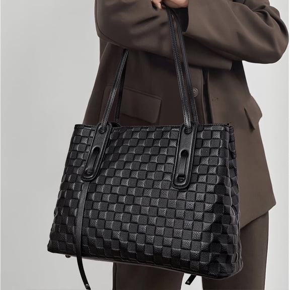 Genuine Leather Cowhide Tote Bag, Women's Woven Embossed Shoulder Handbag