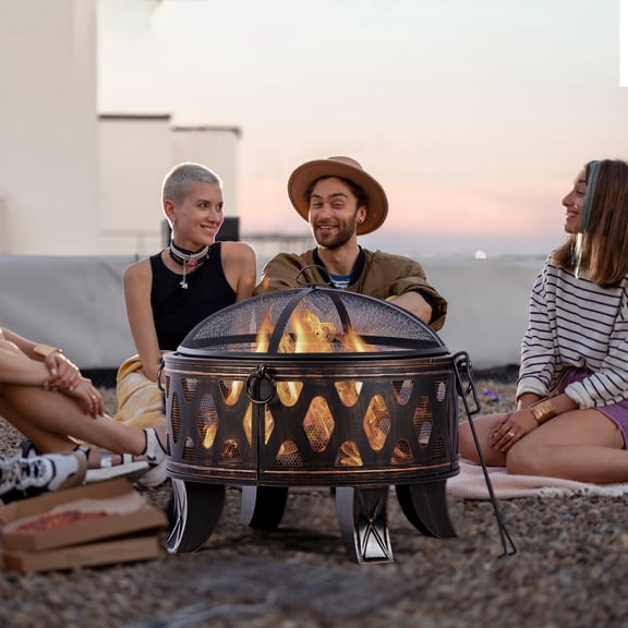 MistMo 26" Round Wood Burning Fire Pit with Grill, Steel Firepit Antique Bronze