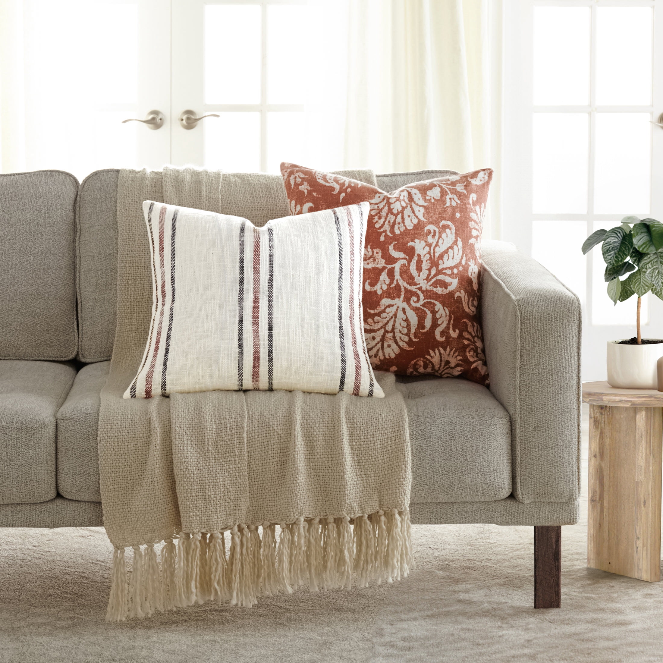 Cotton Slub Textured Throw Pillow in Framed Farmhouse Stripe by Comfort Canopy