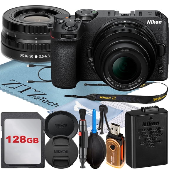 Nikon Z30 Mirrorless Camera with NIKKOR Z DX 16-50mm VR Zoom Lens   128GB Memory Card   ZeeTech Accessory Bundle (International Version)