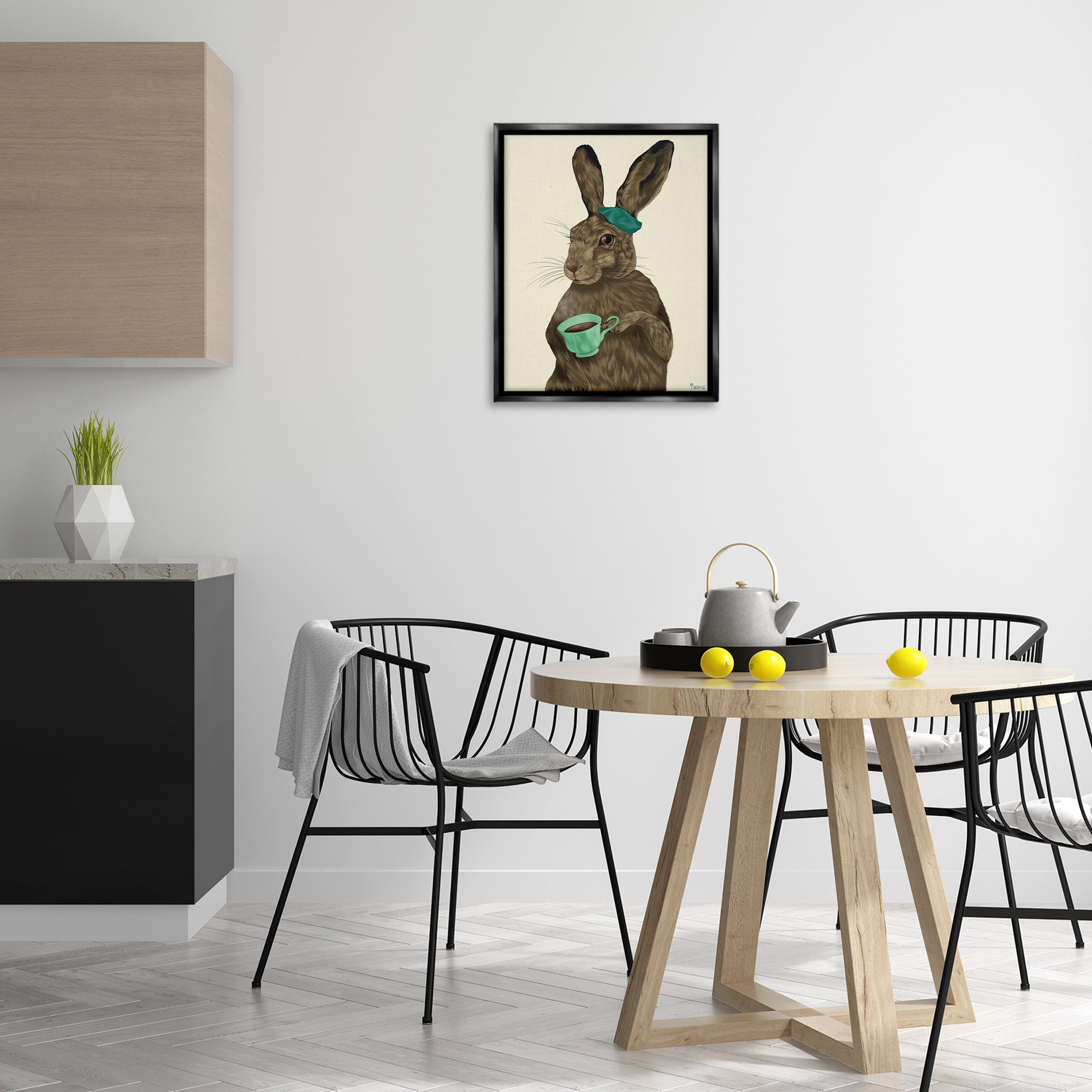Stupell Industries Rabbit & Green Teacup Animals & Insects Painting Black Floater Framed Canvas Art Print Wall Art, 17 x 21