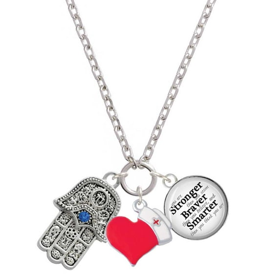 Delight Jewelry Silvertone Hamsa Hand with Blue Crystal - Red Heart Nurse Strong Zoe Necklace