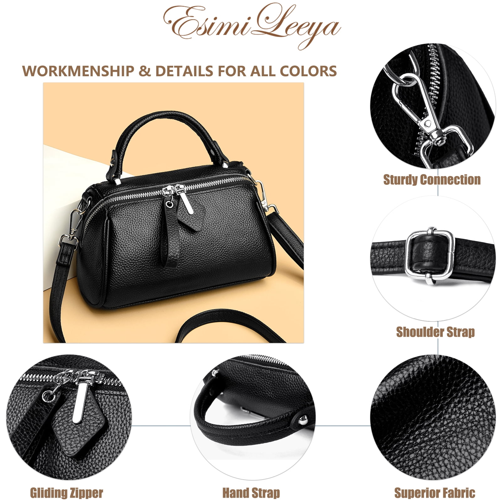 PORT&LOTUS Small Boston Bag Genuine Leather Crossbody Bag  Handbag for Women with Hand Strap and Adjustable Shoulder Strap.