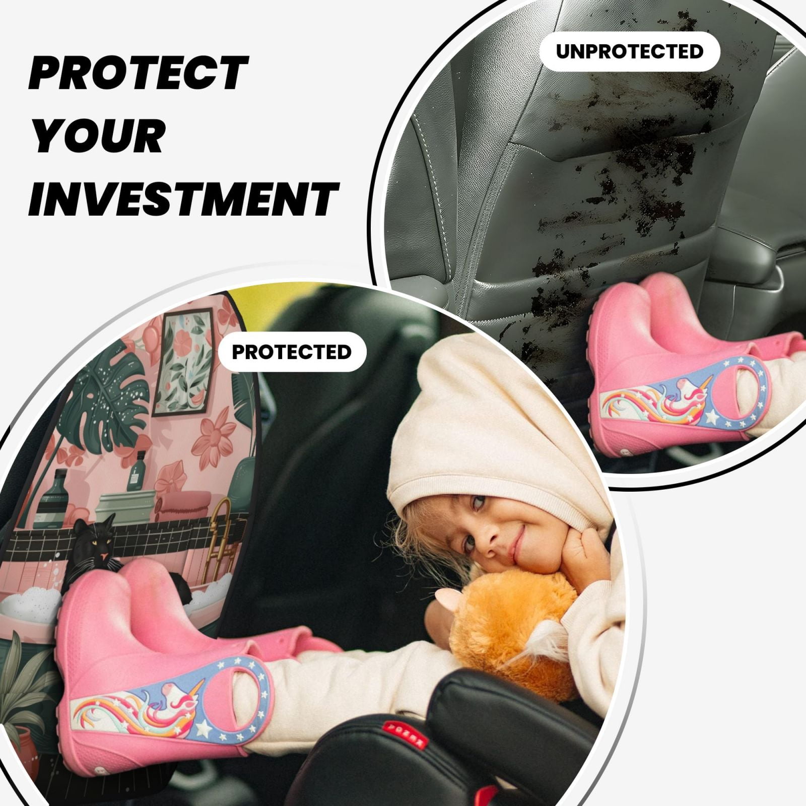 Kdxio Black Cat Pink Bathroom Print 2 Pack Car Kick Mat Seat Cover Back Protector Mat with Pockets for Organizer Backseat Protector and Storage Anti Kick Pad for Vehicles