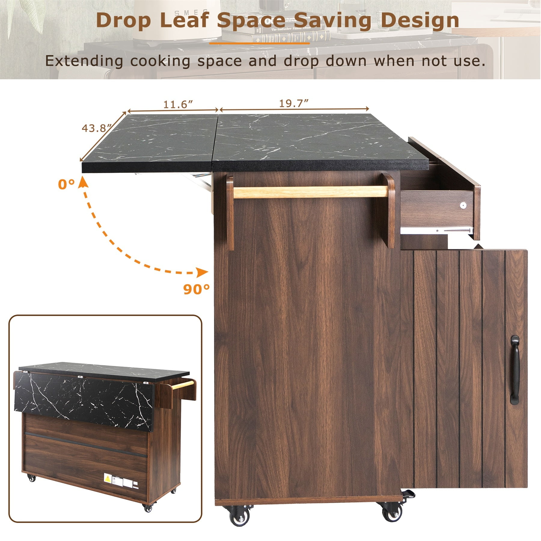 Alvantor Kitchen Island Carts with Trash Can, Rolling Buffet Cabinet with Drop Leaf,Spice Rack and Towel Rack for Dining Room Living Room Walnut