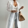 thumbnail image 3 of MORTTIC Women's Lightweight Semi-See Through Long Sleeve Cardigan - Loose Fit Open Front Cover Up with Buttons & Belt White，XL, 3 of 4