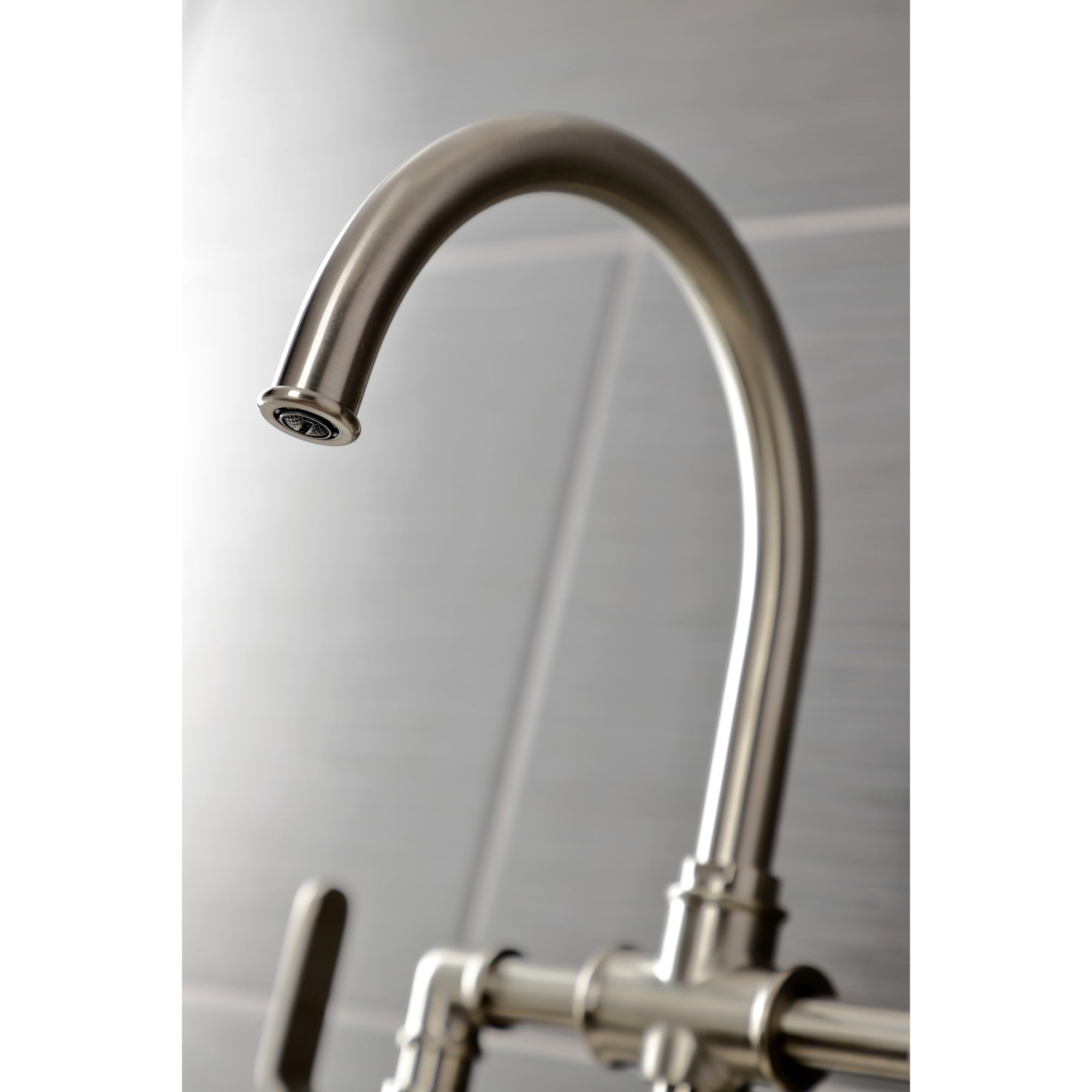Kingston Brass KS2338KL Whitaker Two-Handle 4-Hole Deck Mount Industrial Style Bridge Kitchen Faucet with Brass Side Sprayer in Brushed Nickel