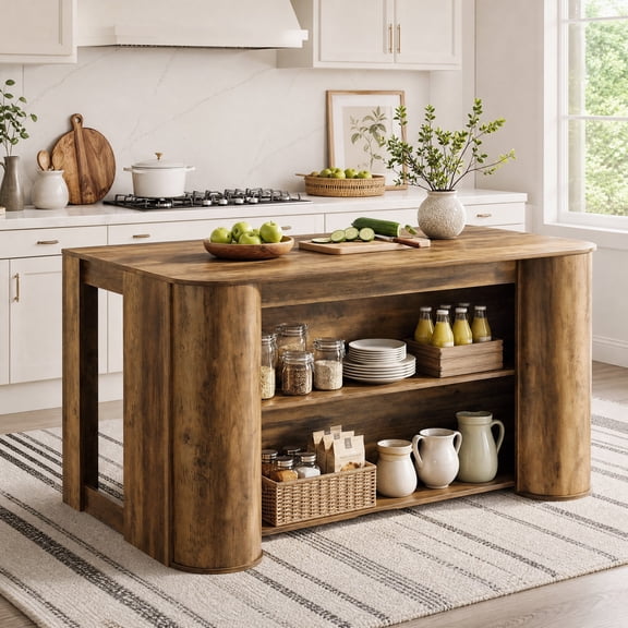 Fnova 55" 3-Tier Kitchen Island with Storage, Farmhouse Stationary Island Table with Leg Room for Kitchen, Dining Room, Brown