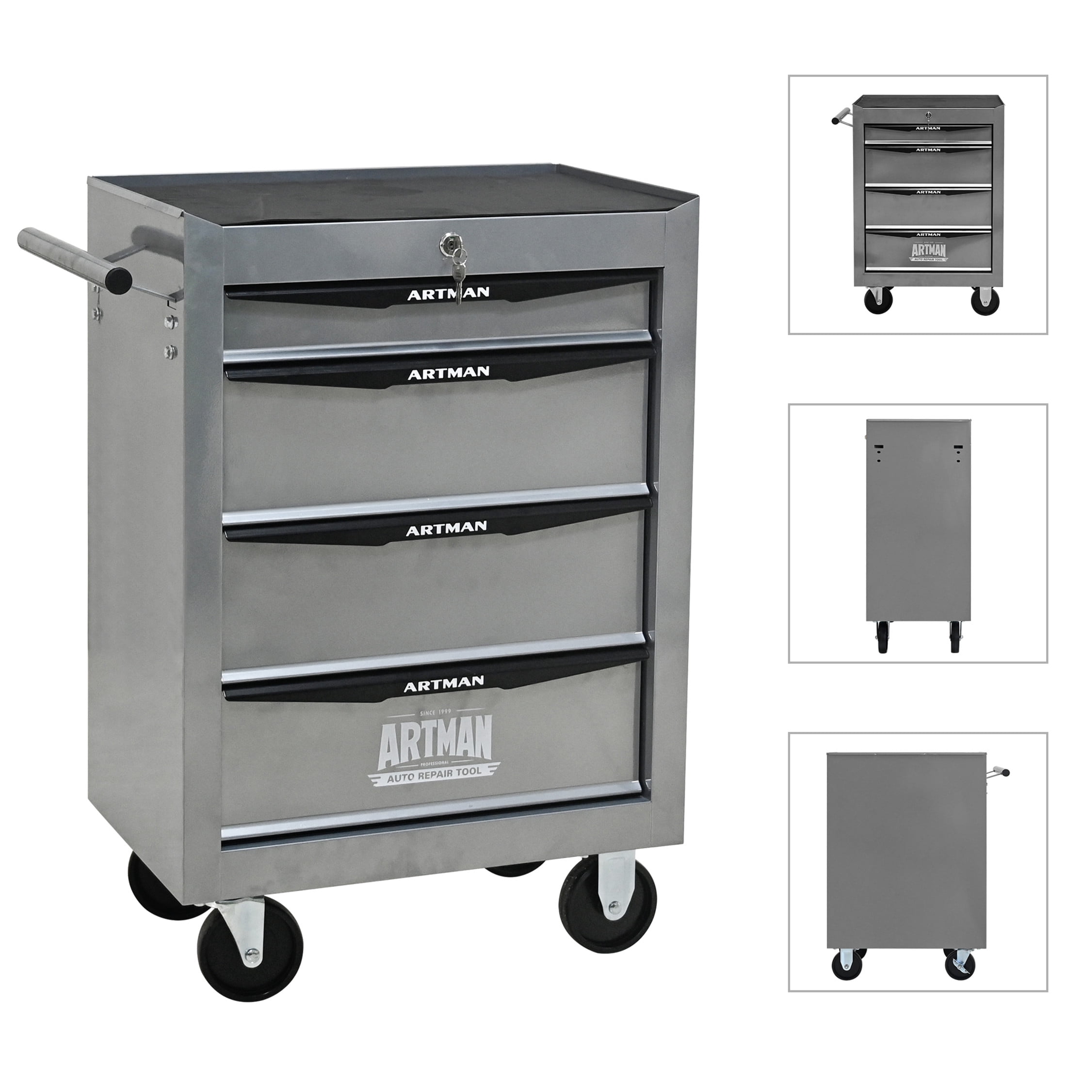 Noble House 4-Drawer Mobile Steel Tool Organizer with Key Lock, Ball Bearing Slide Storage Cabinet Box, Silver