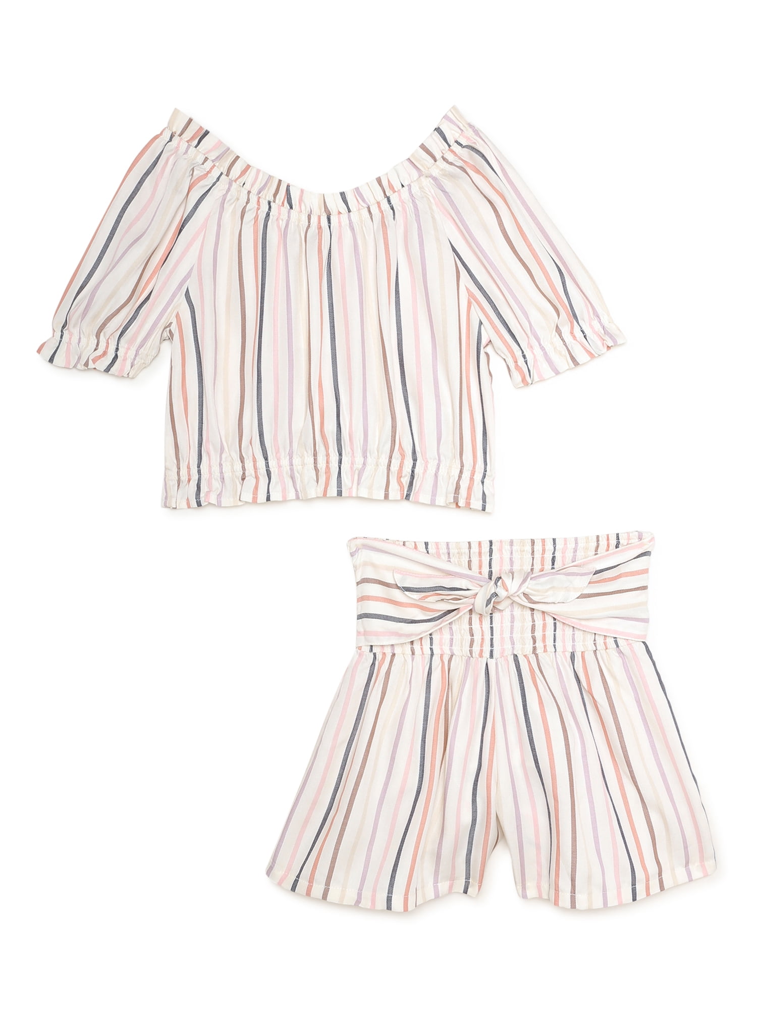Wonder Nation Girls Short Sleeve Smocked Top & Short Outfit Set, Sizes 4-18 & Plus