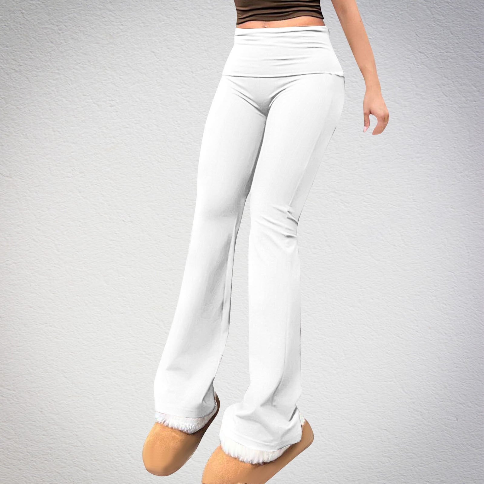 CFLVAEK Womens Flare Leggings Casual Low Rise Yoga Pants Fold Over