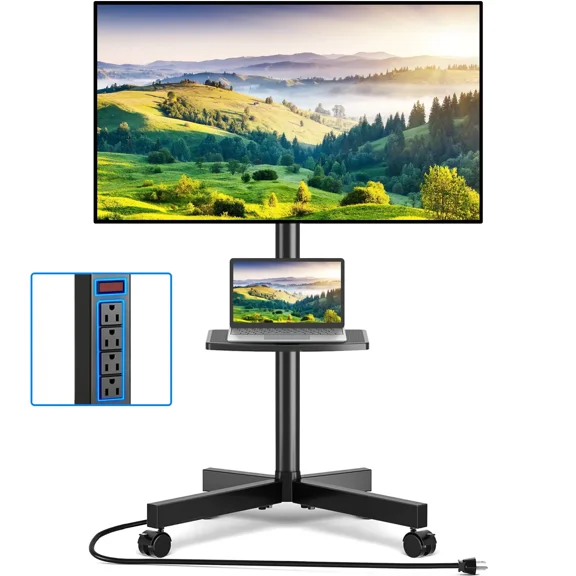Height Adjustable Mobile TV Stand on Wheels with Power Outlet for 23-60 Inch TVs, Rolling TV Cart with 3-Tier Shelves, Lockable Casters, VESA 100x100 to 400x400mm, Holds Up to 88 lbs, Black