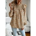 thumbnail image 4 of Floral Print Ruffle Shirred Neck Long Sleeve Blouse for Women Beige Small, 4 of 5