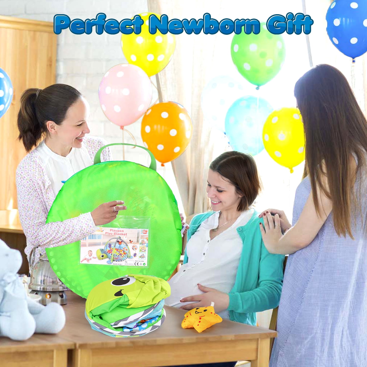 UQN Baby Play Gym, 3 in 1 Baby Play Gym Activity Mat, with Hanging Toys and Ocean Balls, Gifts for Newborn Baby 0 to 3 6 9 12 Months, Green Turtle