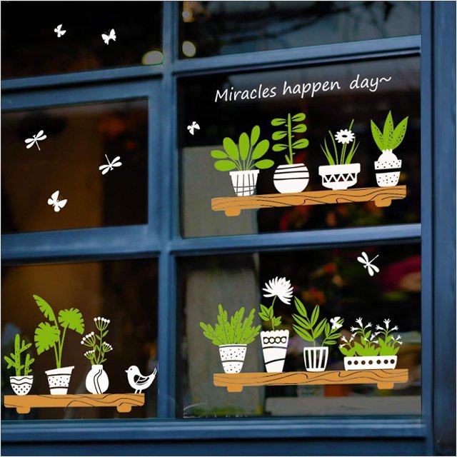 Pegatinas de pared y ventana de doble cara con plantas verdes, decoración extraíble para sala de estar, dormitorio, cafetería