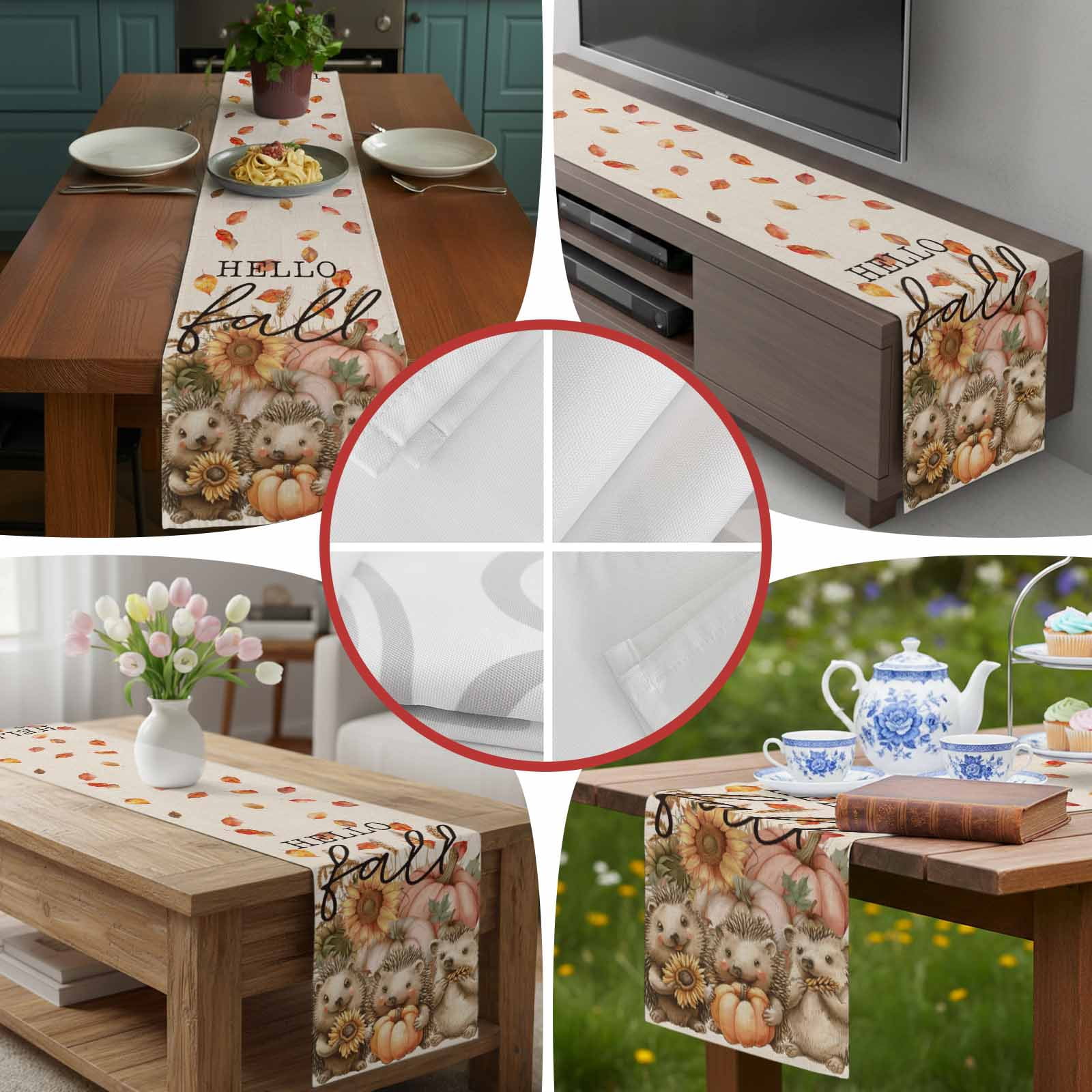 Fall Thanksgiving Hedgehog Pumpkin Table Runner 90 Inches Long, Sunflower Leaves on Flax Table Runners Tabletop Scarf Kitchen Dining Tables Decoration for Home Party Indoor Outdoor