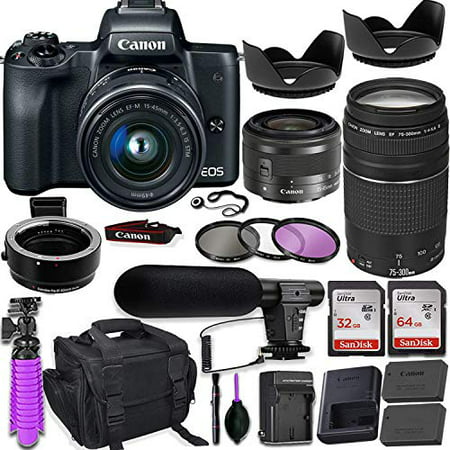 Canon EOS M50 Mirrorless Camera (Black) w/M-Adapter & Canon Lenses - EF-M 15-45mm f/3.5-6.3 is STM and EF 75-300mm f/4-5.6 III + Deluxe Travel Accessory