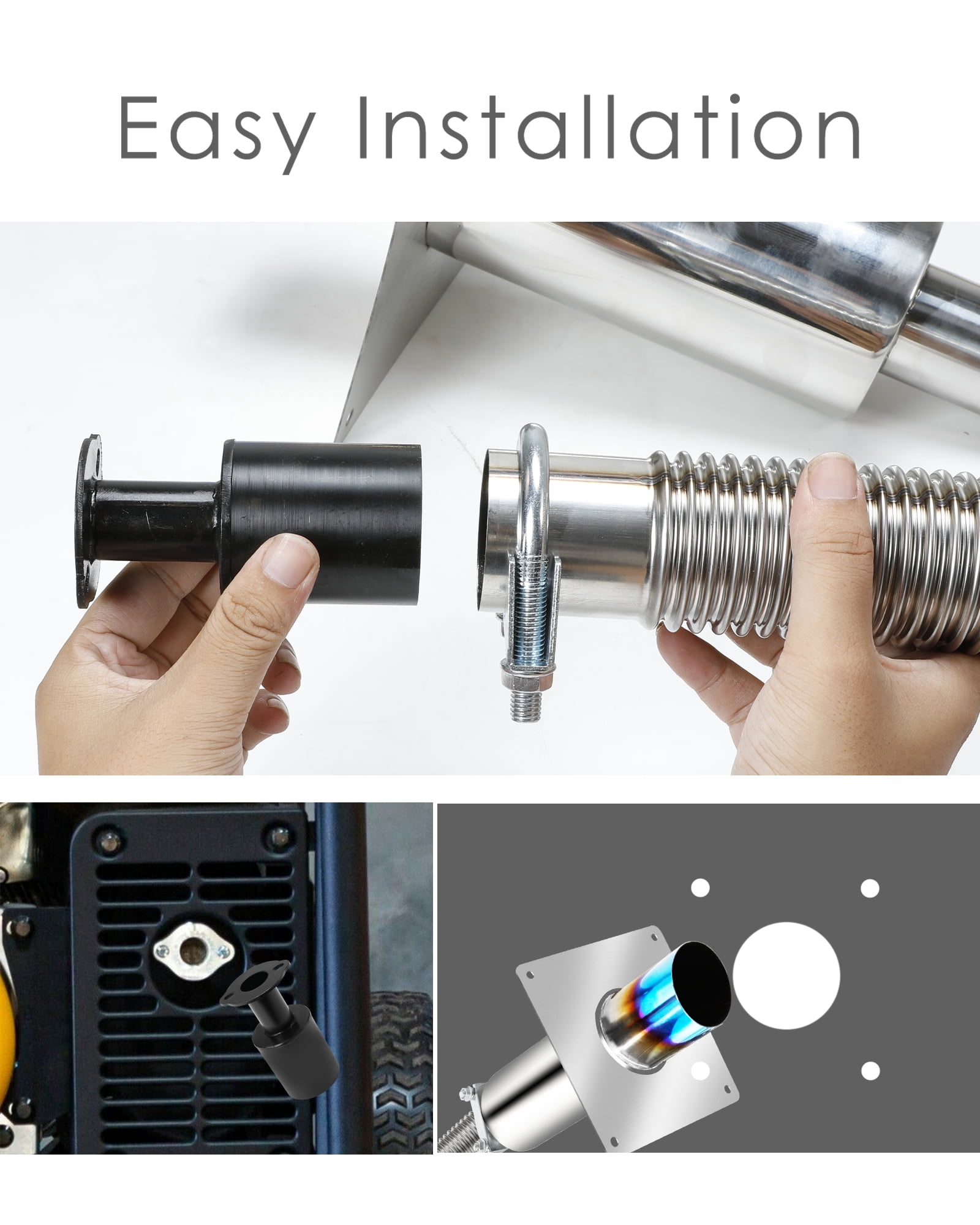 Generator Exhaust Extension Kit with Muffler And Insulated Through-Wall Mounting Plate, Exhaust Adapter, Exhaust Pipe, U-bolt Clamps, for Firman and Hond, Stainless Steel