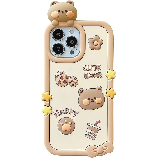 Cajas Del Teléfono Kawaii Para Iphone 14pro Max, Linda Caja Del Teléfono Del Oso De Las Galletas De La Historieta Con La Caja Del Teléfono Del Té De La Burbuja Caja Del Teléfono 3d