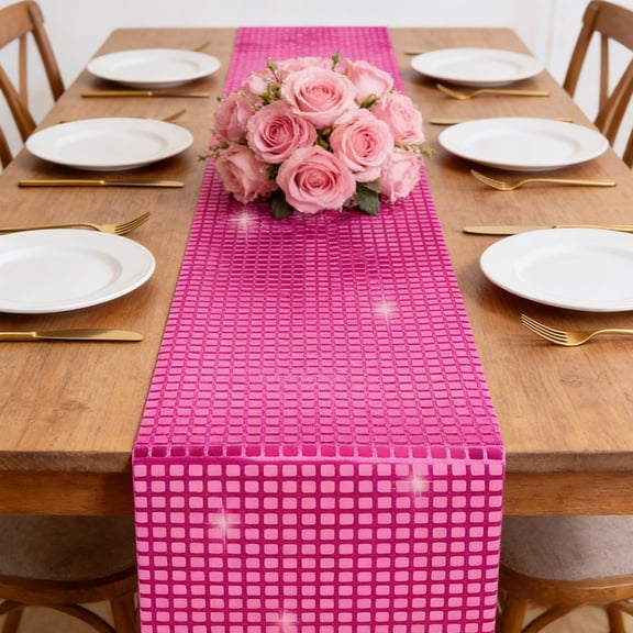 Fuchsia Disco Mirror Sequin Table Runner - 12x70 Inch Glitter Foil Table Runner, Bright Fuchsia Sequin Table Decor for Bachelorette 70s Theme Parties & Female Party Celebrations, 1pc