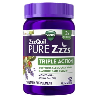Vicks ZzzQuil Pure Zzzs Triple Action Sleep Aid Gummies, Melatonin 6mg for Sleep Support, 42 Count
