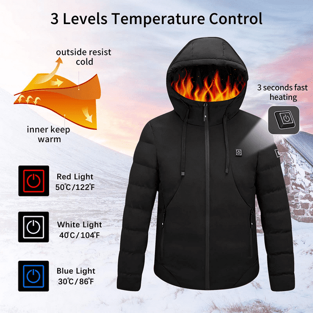 Chaqueta termica para hombre UKAP abrigo termico electrico prendas de vestir con capucha para invierno chaquetas calidas con calefaccion para exteriores con paquete de bateria de 10000mAh Walmart en l...