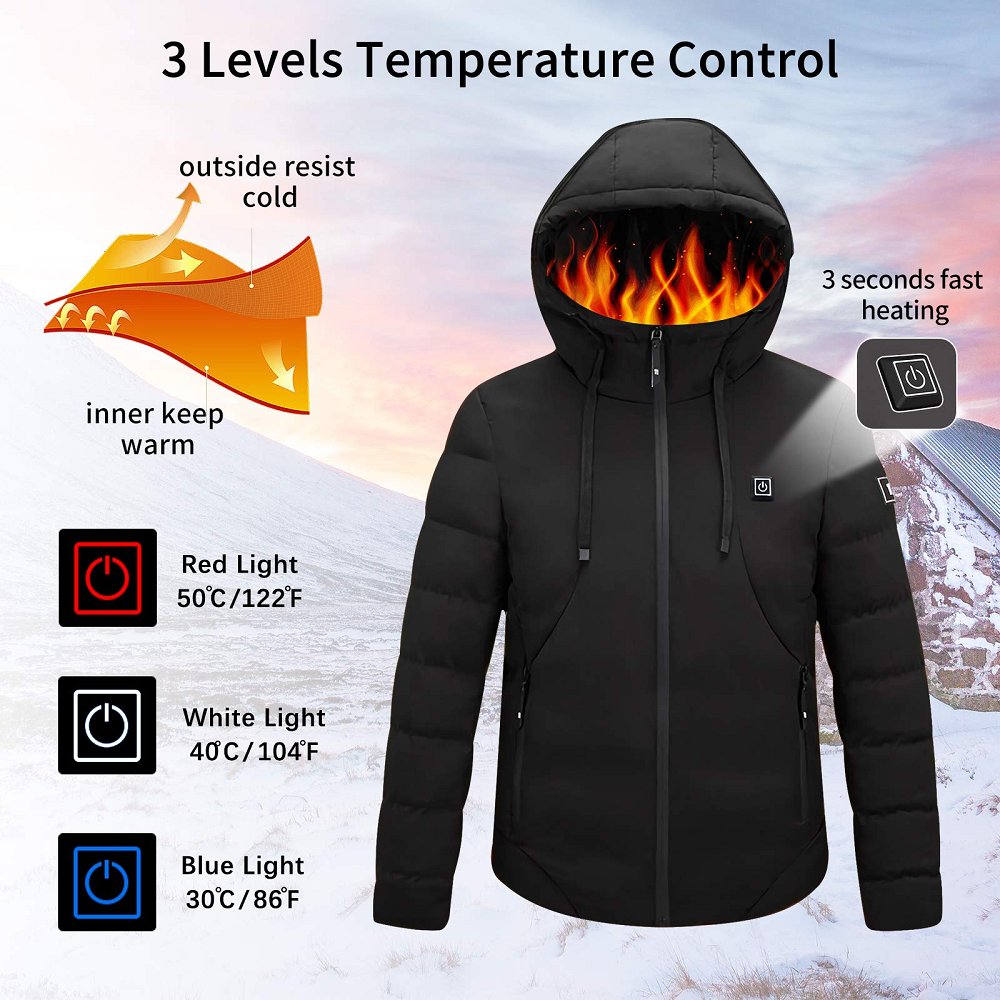 Avamo Man USB Heated Jacket,Lightweight Hooded Down Heated Coat,Full-Zip Long Sleeve Shell Heated Outwear,Winter Outdoor Warm Electric Heating Jacket Coat Outwear Clothing With Power Bank - image 2 of 10