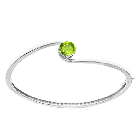 Sterling Silver with Round Shape Natural Peridot Solitaire Bangle Bracelet-6.5" for Women