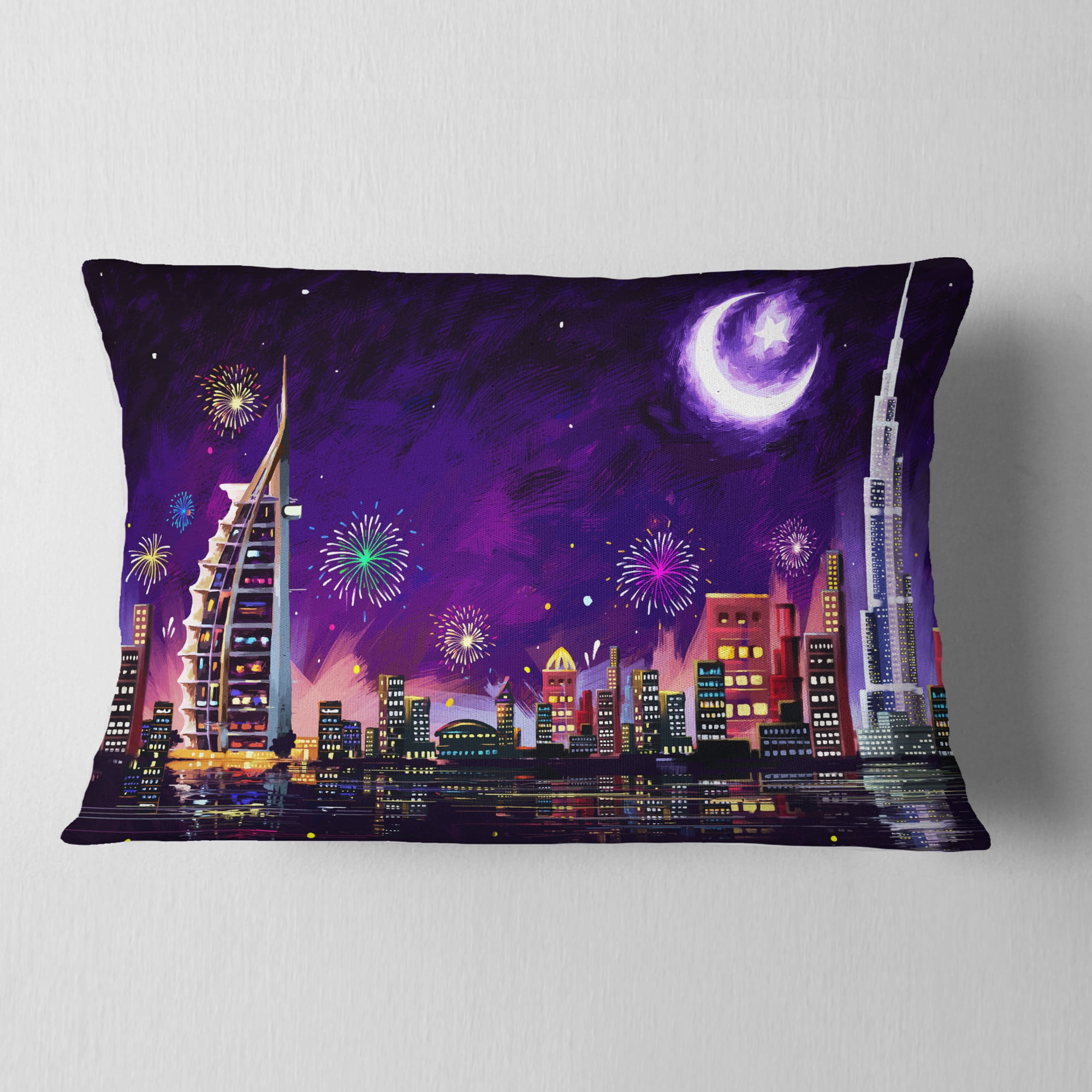 Designart Eid Celebration in Dubai - Cityscape Digital Throw Pillow - 12x20