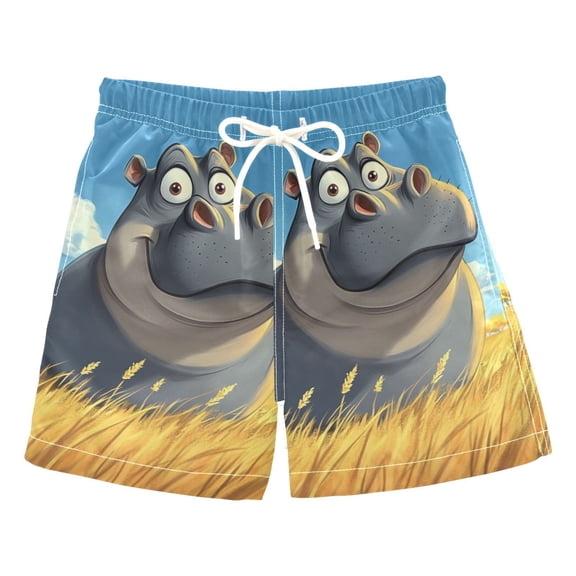 Cartoon Hippo Boys Swim Trunks Quick Dry Boy Swim Shorts for 3-14 Years