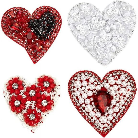 4 Pcs 4 Styles Heart Beaded Patch 2.7x2.7x0.3inch Heart Rhinestone Beaded Patches Sew on Pearl Beaded Embroidery Patches Applique Heart Beaded Applique for Cclothing