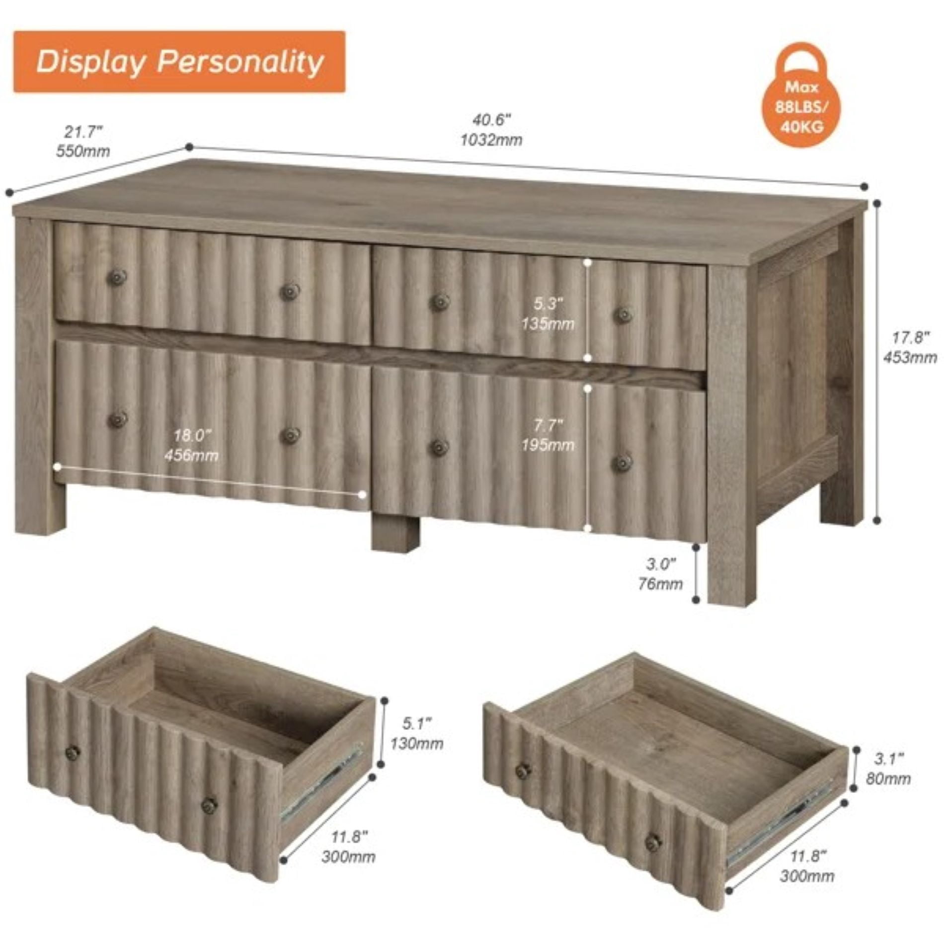 Demiya 4-Drawer Coffee Table, Modern Gray Wooden Center Table with Smooth Slide Rails, Sturdy Thickened Legs and Floor Pads, High Capacity Accent Table for Living Room
