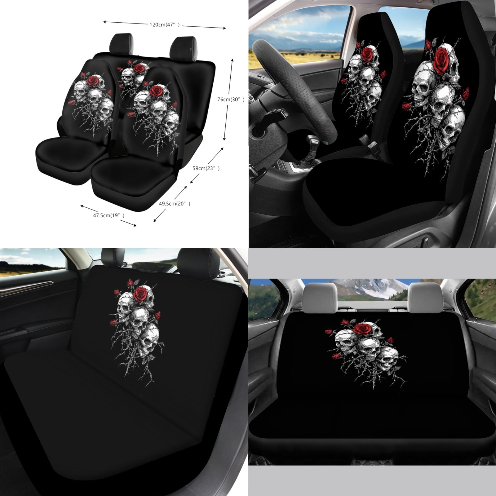 Jeiento Skull Car Seat Covers Set with Steering Wheel Cover Seat Belt Pads Garbage Bag Rose Armrest Cover Handbrake Cover Set Rear View Mirror Protector Coasters Auto Accessory Fit for SUV Van Truck