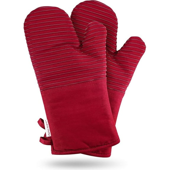 AVACRAFT Oven Mitts Pair, Red - Flexible, 100% Cotton with Unique Heat Resistant Food Grade Silicone, Thick Terry Cloth Interior, 500 F Heat Resistant
