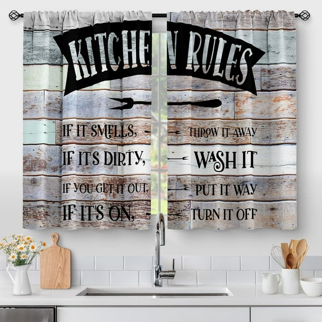 Wooden Barn Farmhouse Kitchen Curtains - Rustic Wood Country Retro Small Short Cafe Tier Curtains Decor for Living Dining Room Farm Family Rules Window Drapes 36 Inch Length 2 Panels 28"x36"