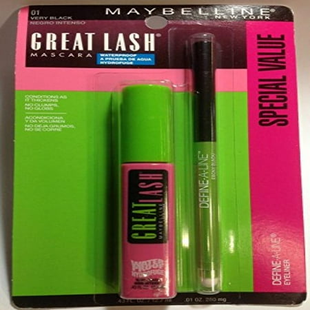 Maybelline Great Lash Mascara Very Black Waterproof with Bonus Define a Line Eyeliner Ebony (Best Black Liner For Waterline)