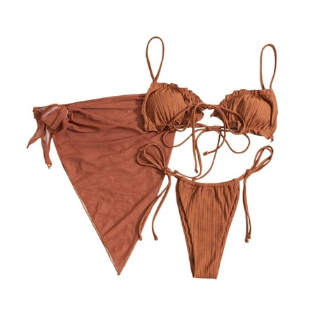 Binpure Women Split Swimsuit Set Solid Color Bikini+Lace-up Panties+Cover Ups