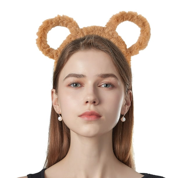 Diadema gruesa de felpa de invierno para mujer, con orejas de oso redondas, para maquillaje, bandana morada