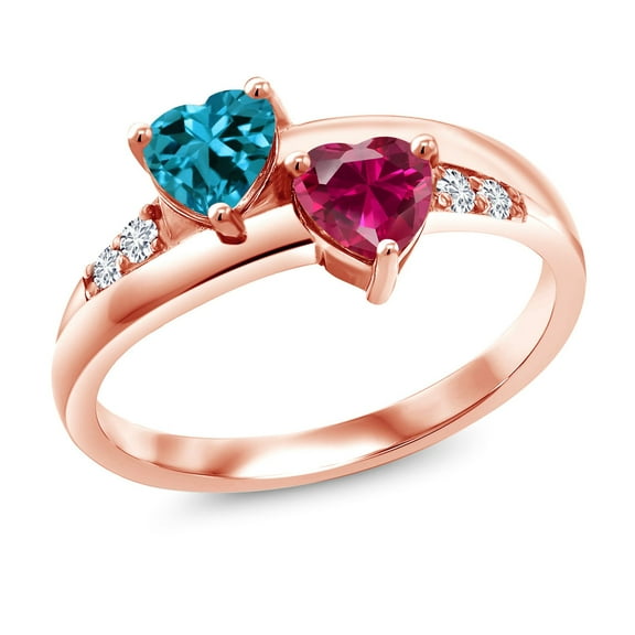 Gem Stone King 18K Rose Gold Plated Silver London Blue Topaz Red Created Ruby and White Lab Grown Diamond Ring for Women (1.23 Cttw, Gemstone Birthstone, Size 6)