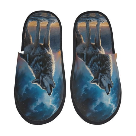 Balery Lonely Night Sky Wolf Slient Indoor Furry Fleece Comfort House Shoes Soft Non-Slip Home Shoes Cotton slippers House Slippers-- Medium