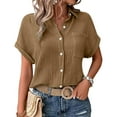 thumbnail image 3 of Tittly Womens Linen Shirt Women'S Gauze Tops Linen Button Up Shirts for Women Womens Blouses Tops Batwing Sleeve Pocket Patched Shirt Work T Shirts Double Layer Wrinkled Fabric Brown, 3 of 6