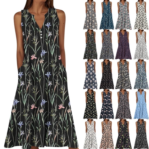 QIUOMBBP Womens Sleeveless Maxi Dresses Plus Size V Neck A Line Long Sundress Loose Casual Summer Loungewear Dress Multicolor XXXL