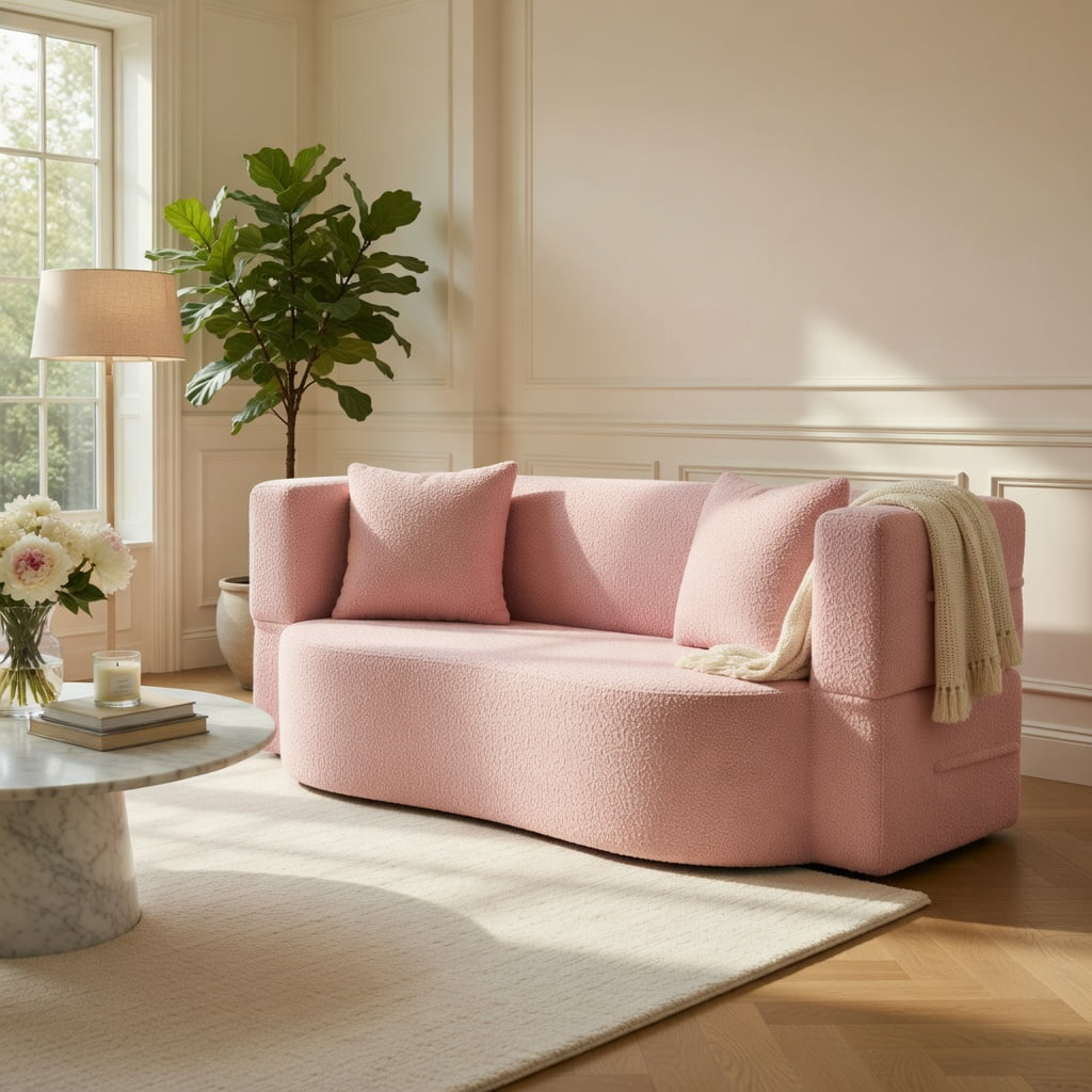 Hommoo 75.5" 2-in-1 Folding Sofa Bed, Plush Teddy Fleece Convertible Loveseat with Removable Washable Covers & 2 Ergonomic Pillows, Pink