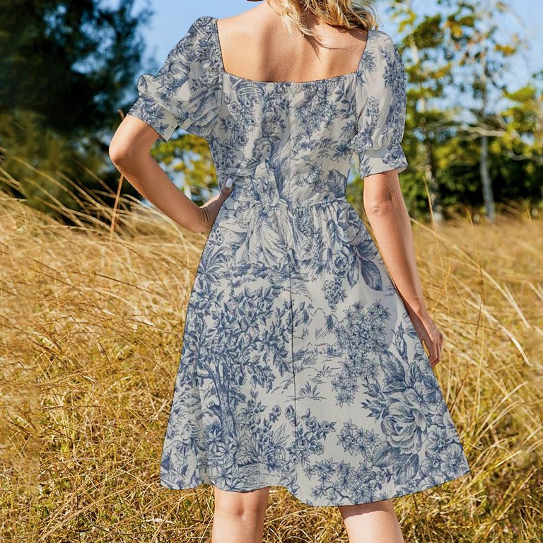 Blue Toile de Jouy Sleeveless Dress luxury dress party dresses woman -  Walmart.com