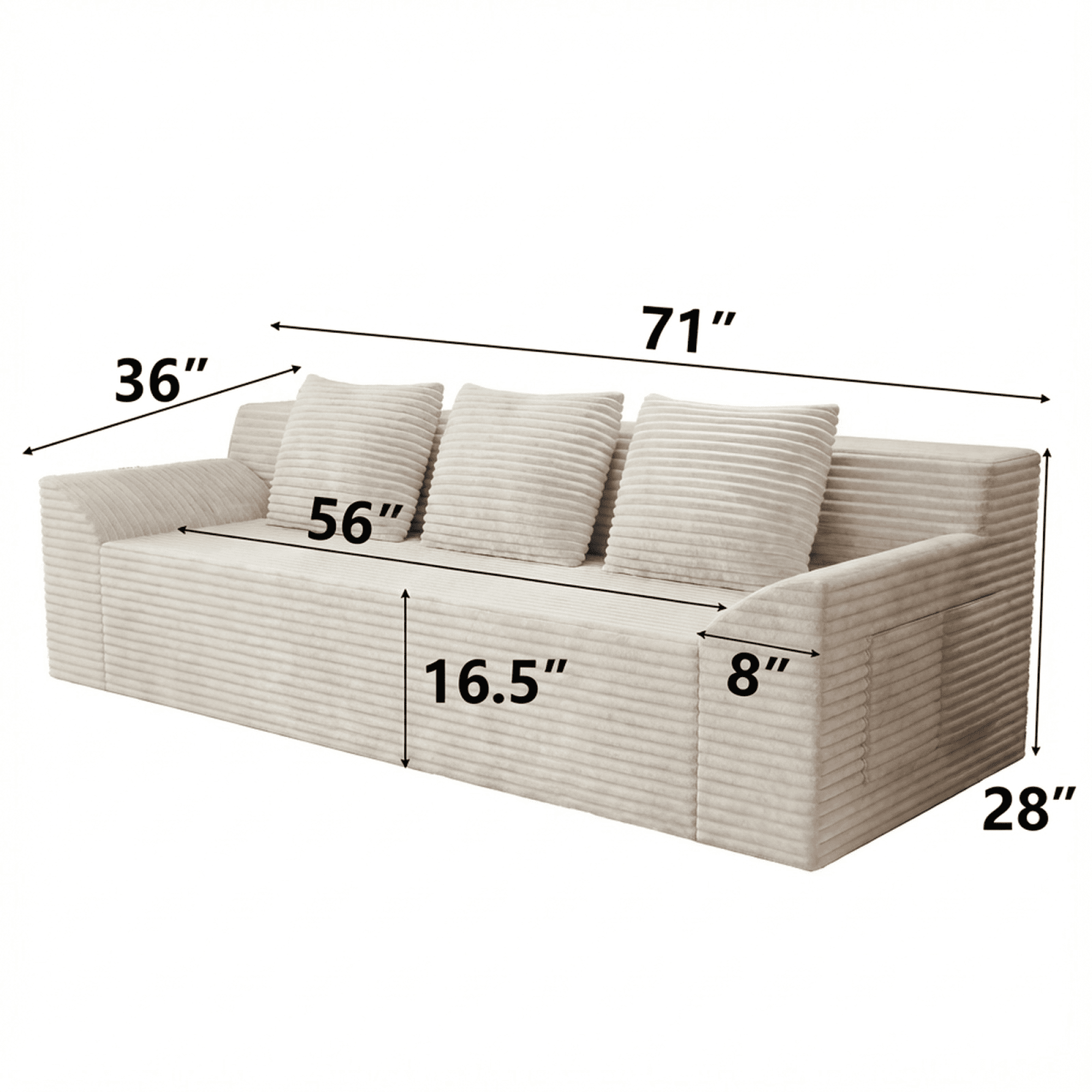Leumius 71" 3 Seater Cloud Sofa Couch,Modern Corduroy Upholstered Boneless Sofa Couch with Deep Seat for Living Room,No Assembly Required,Ancient White