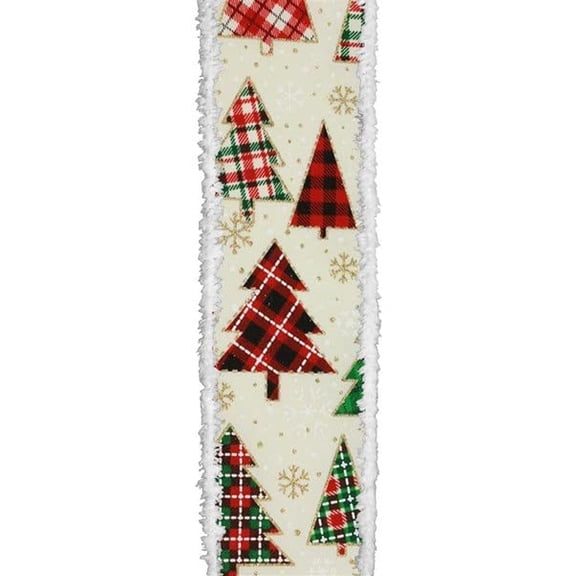 Patterned Christmas Tree Snowflake Red Ivory and Gold Wired Ribbon 2.5" x 100 Feet