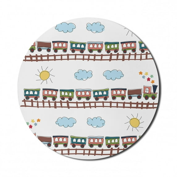 Cartoon Mouse Pad for Computers, Style Train and Tracklines on Sunny Day Hand Drawn Sun and Clouds Flowers, Round Non-Slip Thick Rubber Modern Gaming Mousepad, 8" Round, Multicolor, by Ambesonne