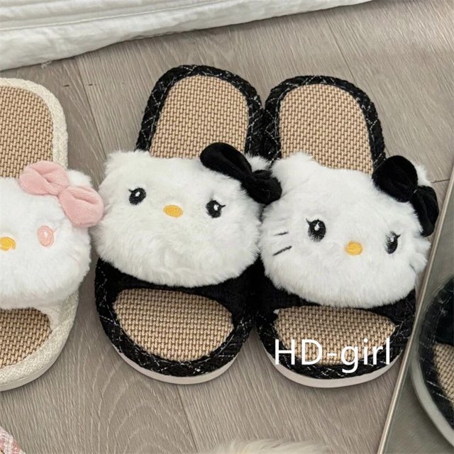 Sanrio Cute Cartoon Linen Hemp Hello Kitty Plush Slippers Shoes Breathable for All Seasons, Non Slip Comfortable for Home Use